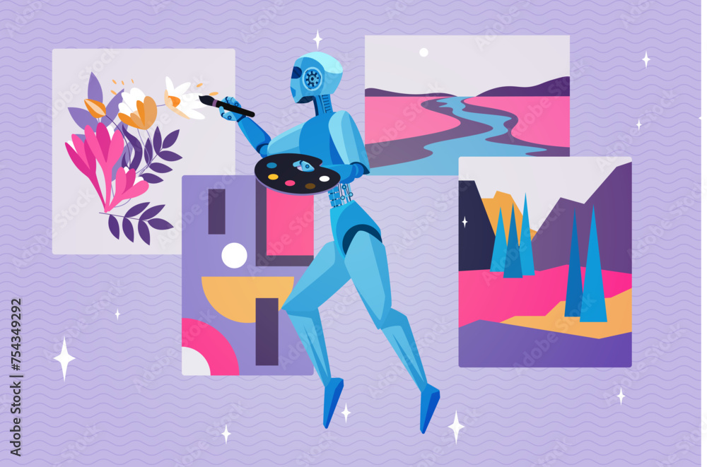 Poster art content generator, creativity of artificial intelligence. robot artist with brush and palette fl
