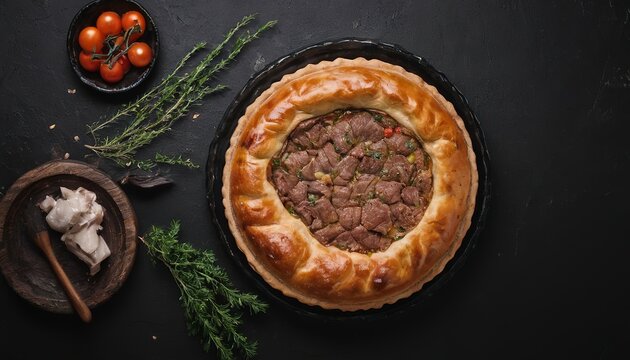 Baked Ossetian pie with beef meat and herbs. Black background. Top view. Copy space.
