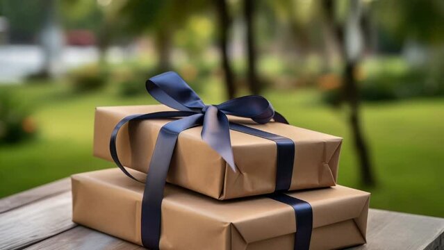 Two brown boxes with blue ribbons on top of each other