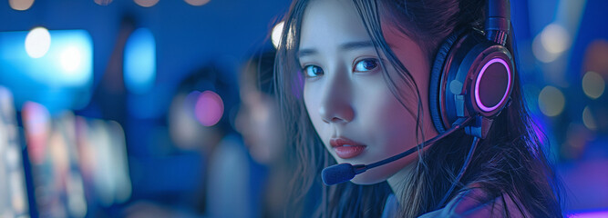 Asian female streamer chatting on the phone and filming media while playing an online game while sporting headphones. Competent esports players in a neon blue space