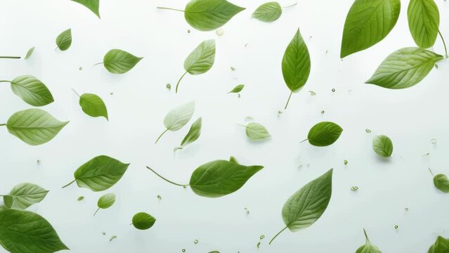 White background with green leaves flying in air