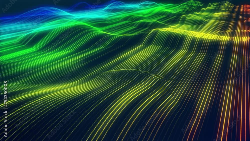 Poster stunning surface composed of neon glow particles that form waves of light. captivating seamless loop