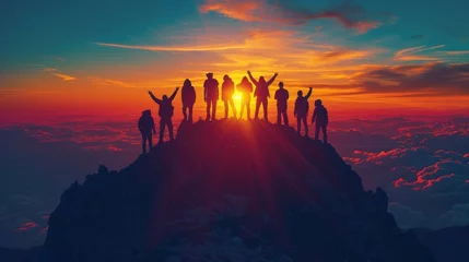 Tuinposter Silhouette back group of man team celebrating success on top mountain, sky and sunset background. Business, teamwork, achievement and person concept. Vector illustration. © Polpimol