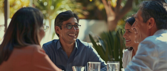 Friends enjoying a lively conversation at an outdoor gathering.