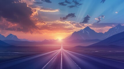 Retro future of the 80s. 1980s retro futuristic background style. Road to the mountains at sunrise in 1980s style