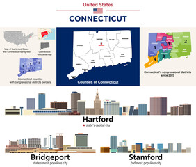 Connecticut counties map and congressional districts since 2023 map. Hartford skyline (state's capital city) and skylines of Bridgeport and Stamford  (state's largest cities). Vector set