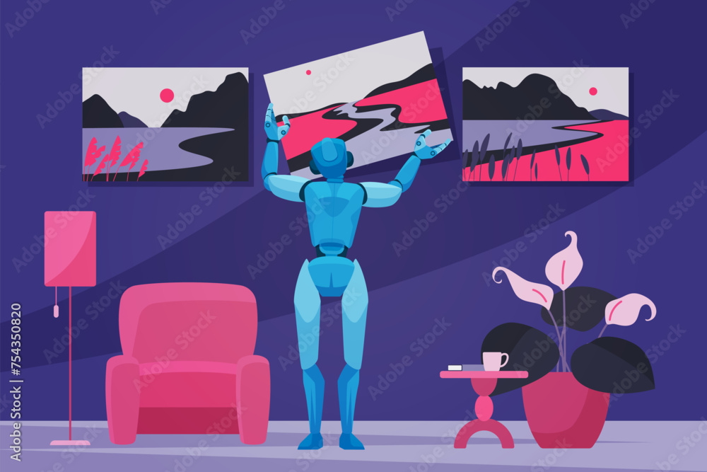 Poster Artwork gallery of artificial intelligence, content generation using AI. Robot hanging generated digital picture on wall in home interior, prompt craft and artists work cartoon vector illustration