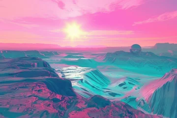 Keuken foto achterwand Retro Sci-Fi Background Futuristic landscape of the 80s. Digital Cyber Surface. Suitable for design in the style of the 1980`s © Suwanlee
