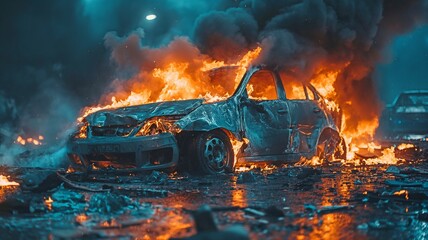 Car fire and explosion during the nighttime traffic collision