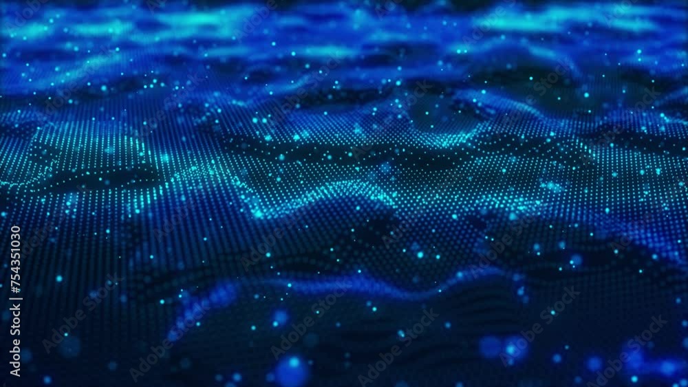 Poster blue bg with particle waves. stunning surface composed of neon glow particles that form waves of lig