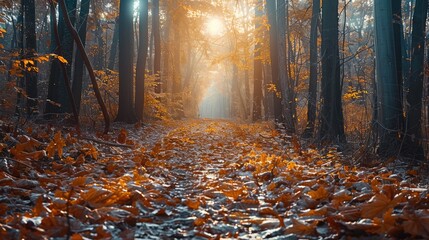 Therapeutic nature walk through a vibrant autumn forest, highlighting mental healing and connection with nature. Generative AI. - obrazy, fototapety, plakaty
