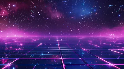 Poster Violet Retro Sci-Fi Background Futuristic landscape of the 80s. Digital Cyber Surface. Suitable for design in the style of the 1980`s