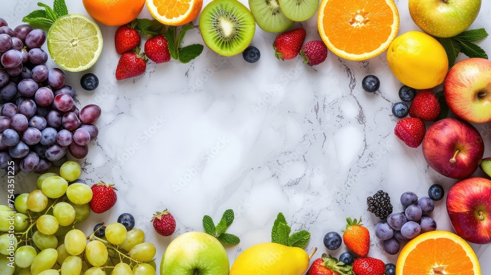 Poster fruit frame on a marble table background. ai generative.