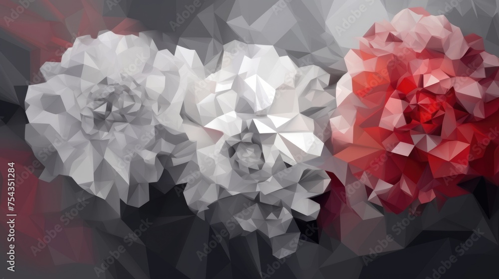 Poster gray-white-red abstract background of flowers in the style of low-poly graphics. ai generative.