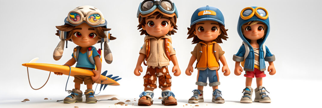 A 3D animated cartoon render of a trio of cool surfer kids posing confidently.