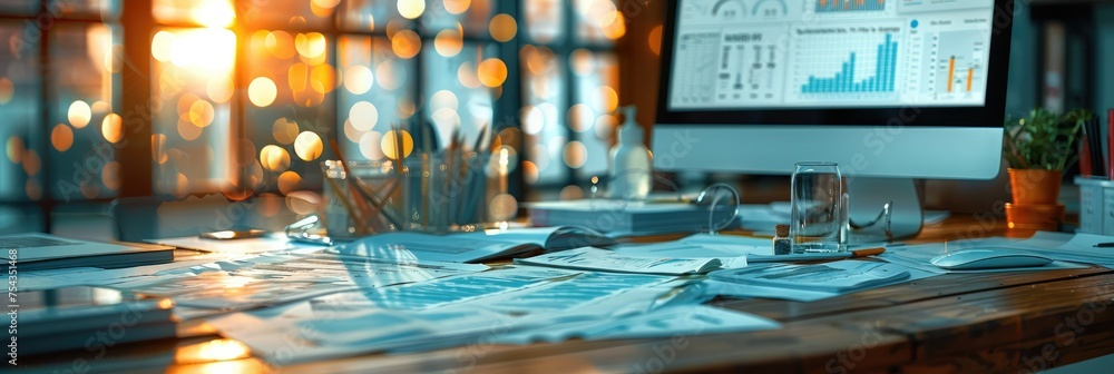 Poster modern research with lot of papers and a monitor, charts and diagrams. generative ai.