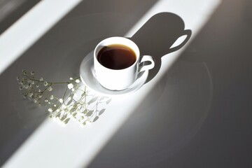 White ceramic cup and saucer with coffee drink on the table with shadows from sunlight.coffee break.