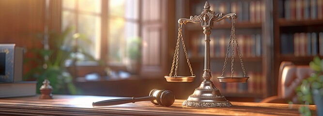 On the attorney's desk office, a judge's gavel and scales of justice