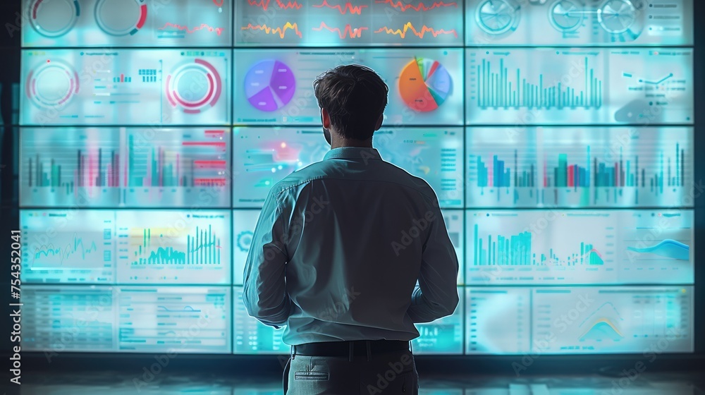 Poster rear view. man looking at a large screen, which contains digital marketing graphs, such as turnover,