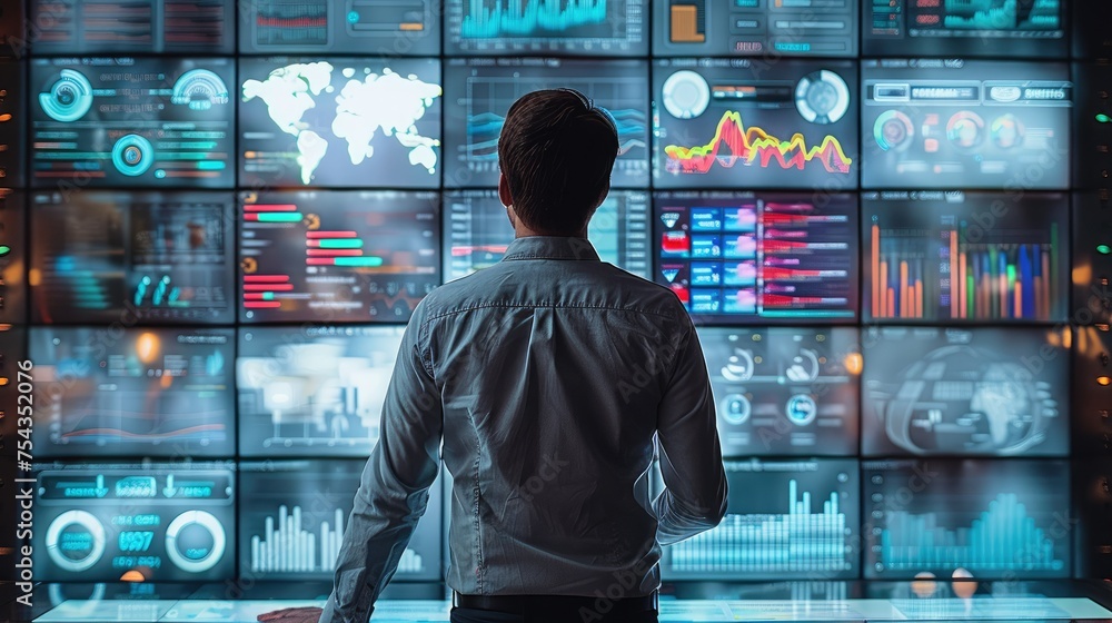Poster rear view. man looking at a large screen, which contains digital marketing graphs, such as turnover,