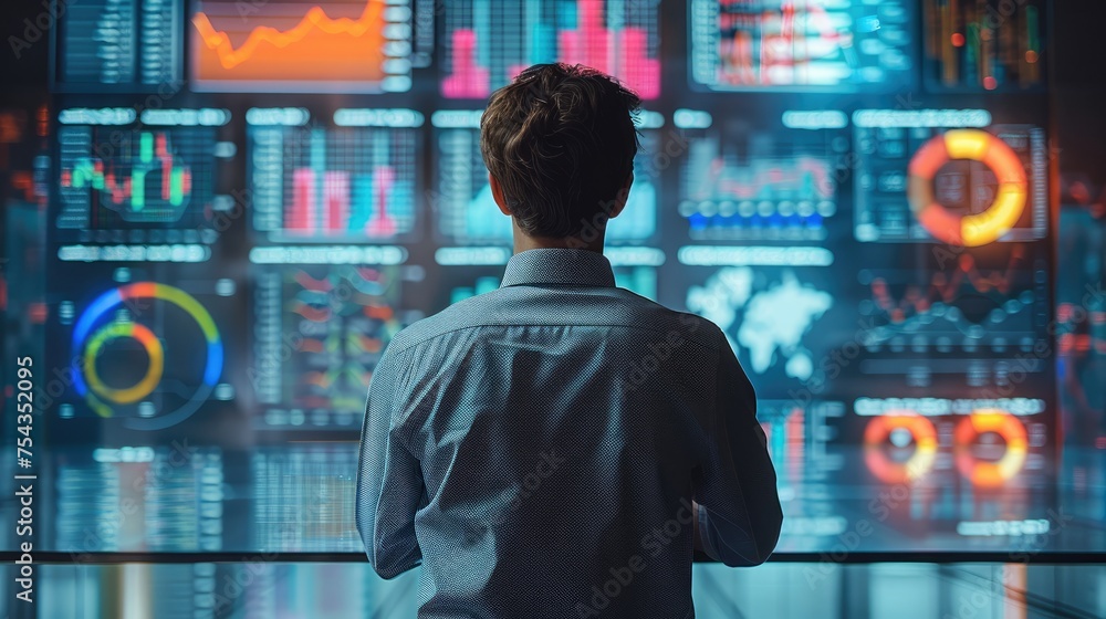 Poster rear view. man looking at a large screen, which contains digital marketing graphs, such as turnover,