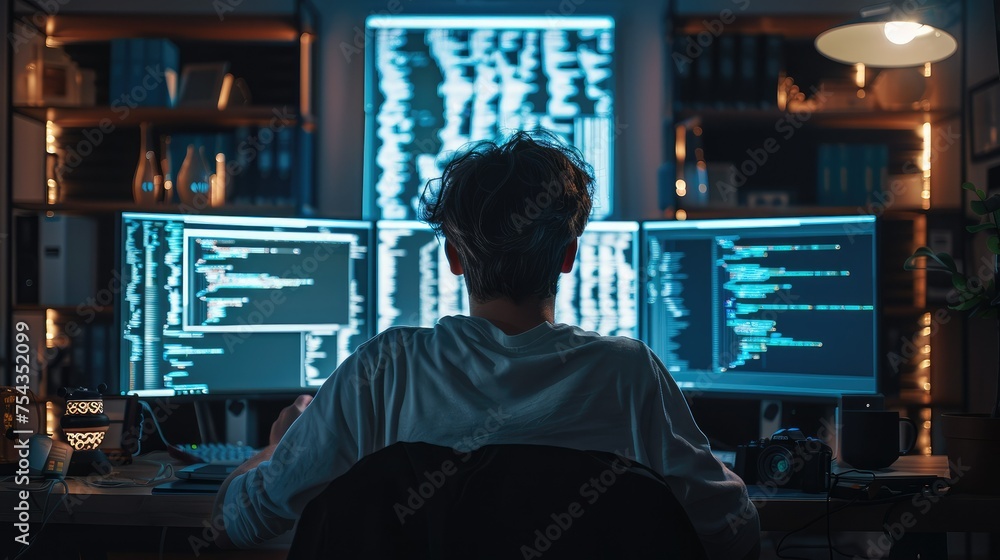 Aufkleber Person in front of monitor writing programming code. Generative AI.