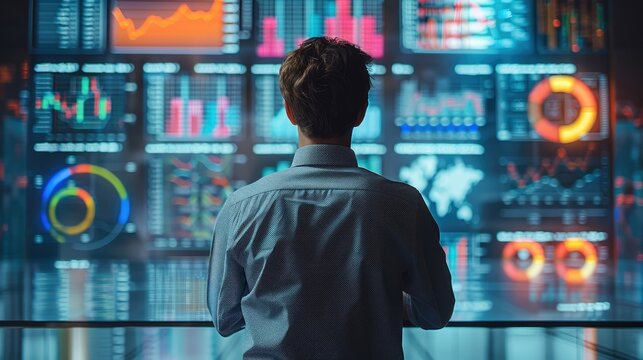 Rear view. Man looking at a large screen, which contains digital marketing graphs, such as turnover, income, development. Generative AI.