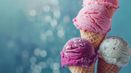 Close-up of vibrant ice cream scoops in cones against a sparkling bokeh effect. Colorful ice cream cones with a glittering background highlighting chilly textures - obrazy, fototapety, plakaty
