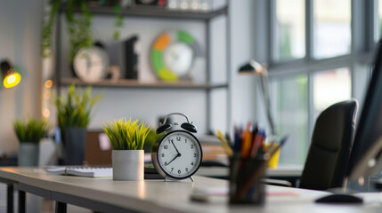 Black alarm clock on desk with green plants and office supplies in a bright room. Black alarm clock...