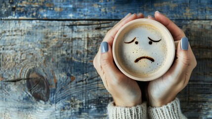 Soothing hot drink with a melancholic latte art face; Seeking solace in a cup of coffee with sad foam art; Expressing emotions through the art of a comforting latte.