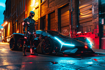 Cyborg in futuristic suit standing by a high-tech sports car on an urban street