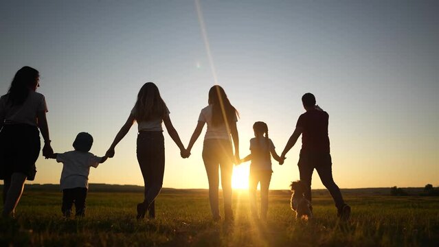 large family. big family silhouette walking in the park at sunset holding hands. large family kid dream concept. friendly community family walking in nature with children at sunset