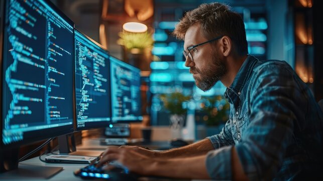 Programmer is programming in front of pc, coding. Generative AI.