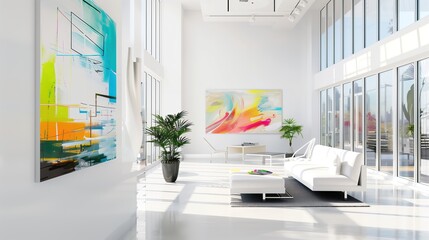 Living room adorned with bold modern art, high ceilings, and sleek furnishings, reflecting a...