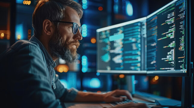 Programmer is programming in front of pc, coding. Generative AI.