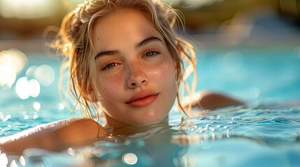 woman relaxing in a pool - 754352605