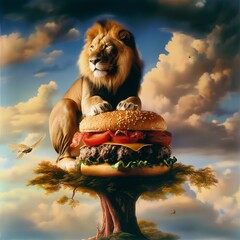 lion sitting next to a burger