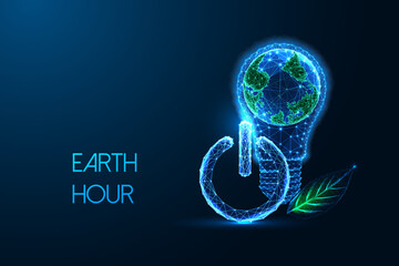 Earth Hour concept with Earth in a lightbulb, power button, and green leaf symbols.