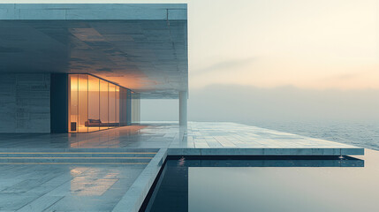 Minimalist architecture by the sea with soft light. Generative AI.
