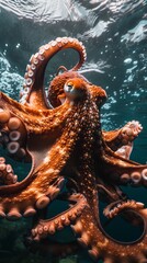 Obraz premium A realistic depiction of an octopus gracefully swimming in the open waters