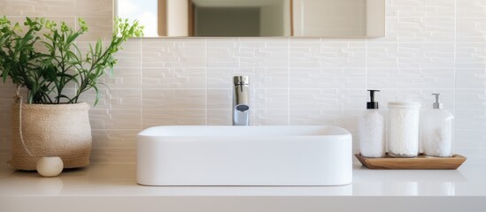 A white ceramic sink with a tap is positioned against a tiled wall, with a mirror above it and a soap dispenser nearby. The bathroom is well-lit, stylish, and features a glass window. - obrazy, fototapety, plakaty