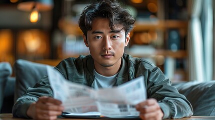 Business financial concept, owe asian young man, male sitting on couch stressed hand calculate expense on table at home from invoice or bill have no money to pay mortgage or loan. - obrazy, fototapety, plakaty