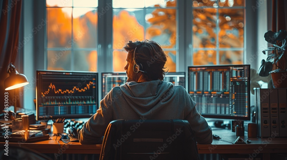 Leinwandbilder successful trader in his home office with a view of the hills out the window, surrounded by advanced