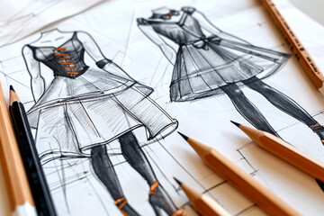 Detailed close-up of four unique fashion sketches coming to life on the drawing board, minimalistic style,