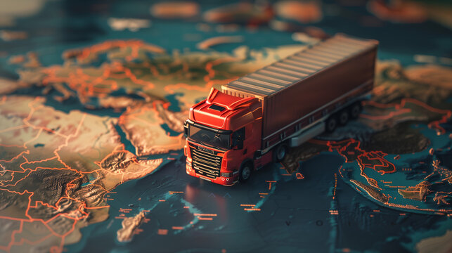 Truck model on world map, transportation of goods between countries on the road concept image with copy space