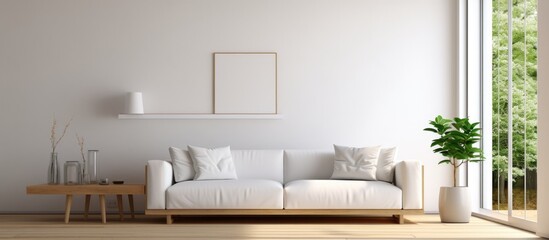Fototapeta na wymiar A front view of a bright living room interior featuring a white couch, a table, white walls, oak wooden hardwood floors, and a panoramic window. The design conveys a minimalist style,