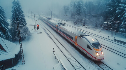 High-speed train traveling in heavy snow. Aerial high view. Generative AI.