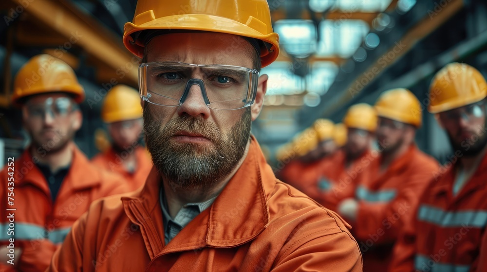 Poster Group of angry workers working in a factory. Generative AI.
