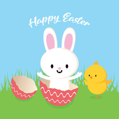 Cute easter baby bunny in eggshell vector illustration. Easter bunny and little chick on a spring meadow vector. Template for background, banner, poster. Happy Easter greeting card