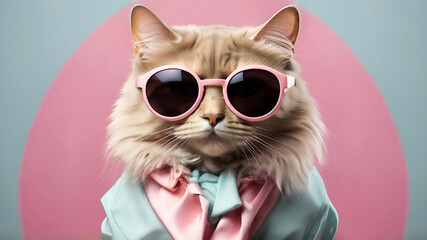 Cool looking cat wear glamour elegant coat and sunglasses on pink color background. Stylish animal...